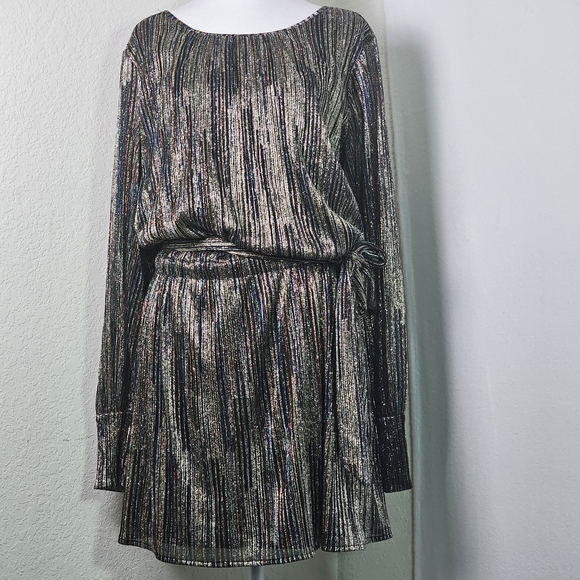 Ramy Brook Metallic Stripe Long Sleeve Belted Mini Dress Sz L - Picture 1 of 15